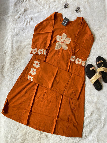 Flower Work In Sleeeve, Palazzo And Neck, Beautiful Aline Kurti With Plain Palazzo. Cotton Aline Kurti Sets For Women