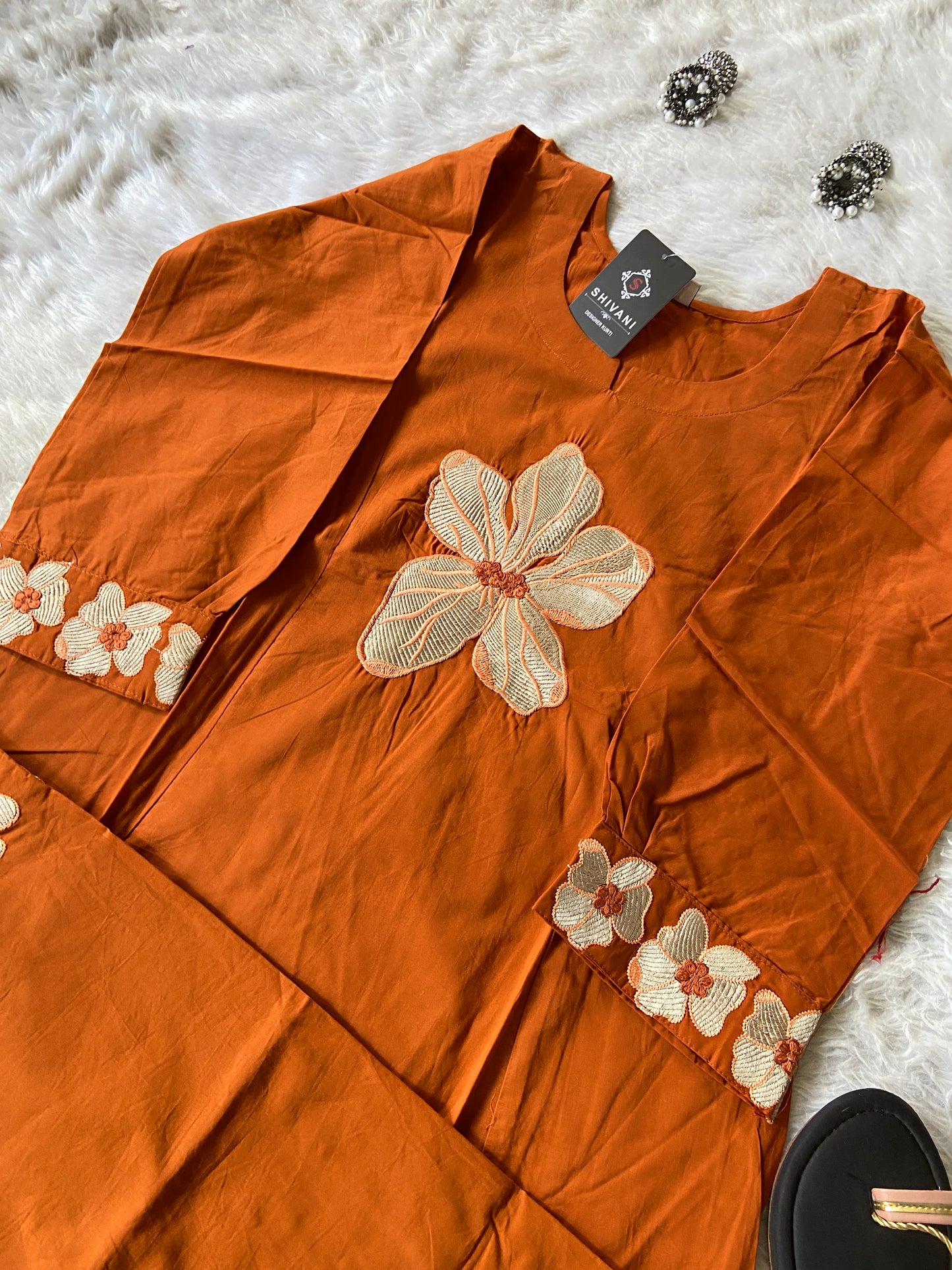 Flower Work In Sleeeve, Palazzo And Neck, Beautiful Aline Kurti With Plain Palazzo. Cotton Aline Kurti Sets For Women