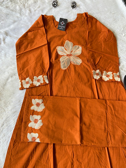 Flower Work In Sleeeve, Palazzo And Neck, Beautiful Aline Kurti With Plain Palazzo. Cotton Aline Kurti Sets For Women