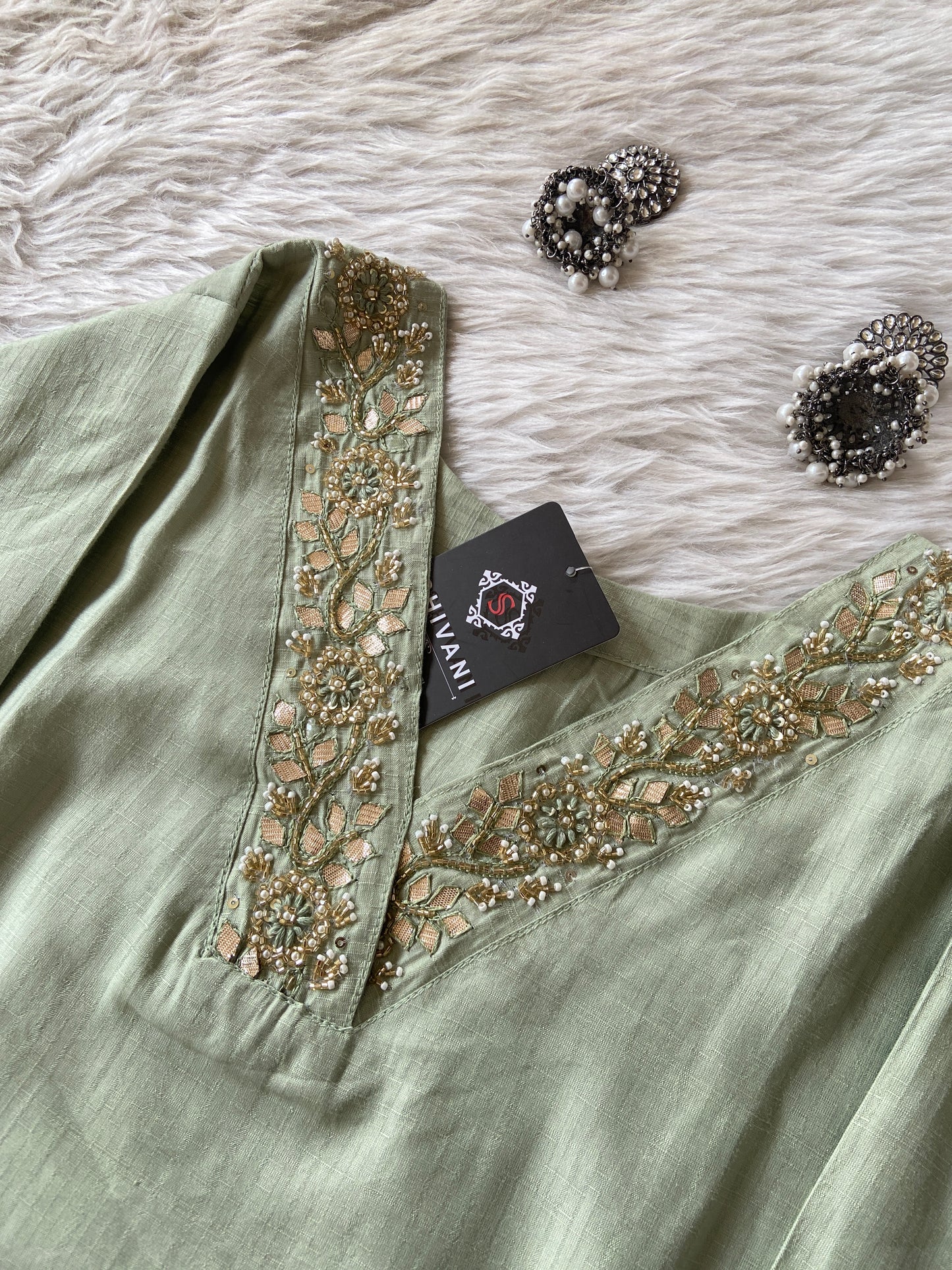 VNeck With Beautiful Handwork, StraightCut Kurti With Palazzo. Silk StraightCut Kurti Sets For Women