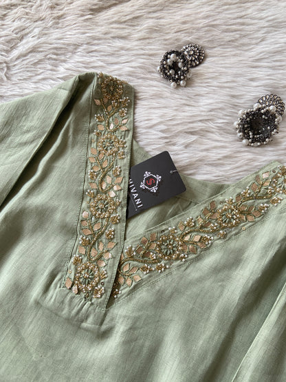 VNeck With Beautiful Handwork, StraightCut Kurti With Palazzo. Silk StraightCut Kurti Sets For Women
