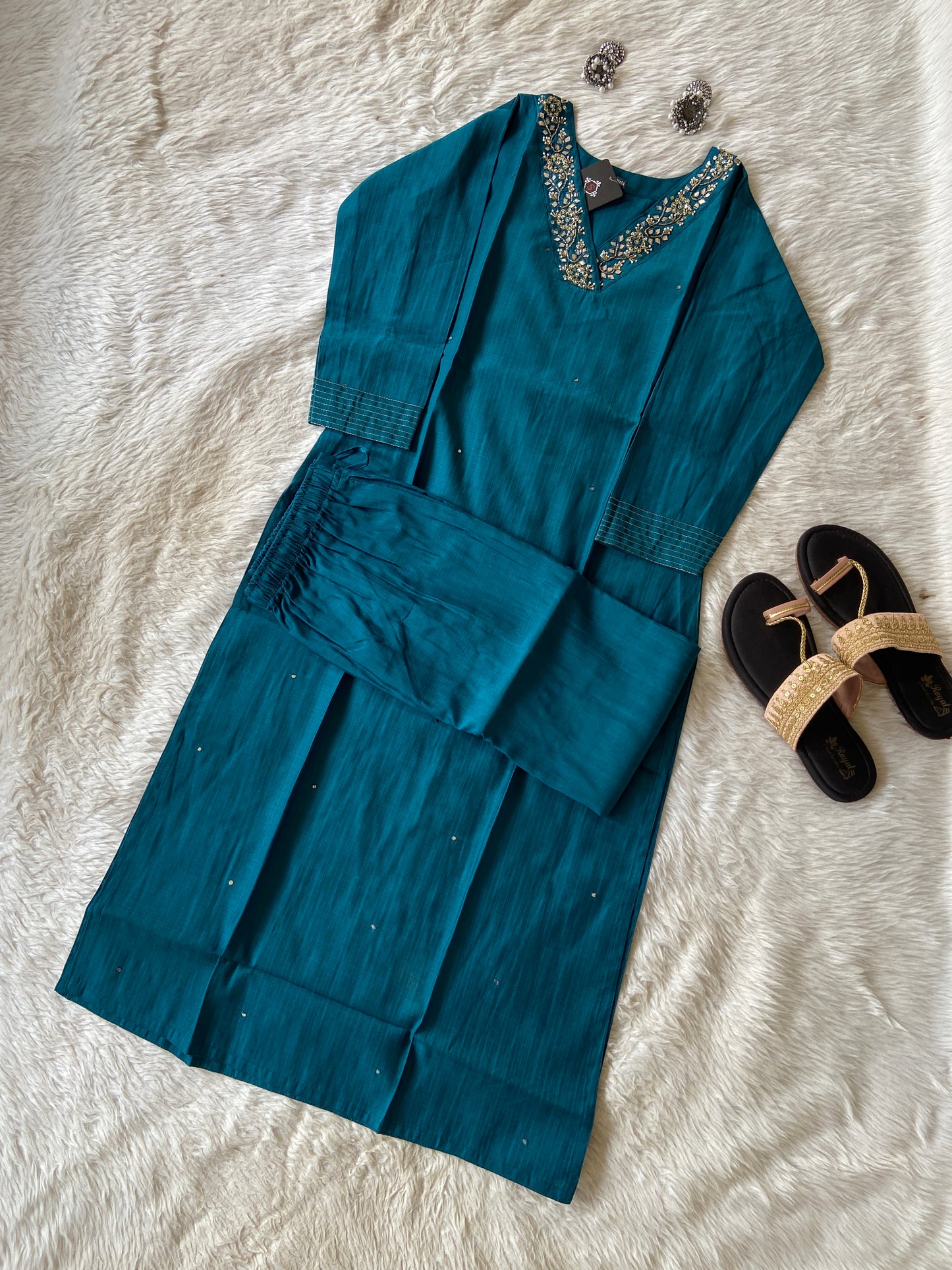 VNeck With Beautiful Handwork, StraightCut Kurti With Palazzo. Silk StraightCut Kurti Sets For Women