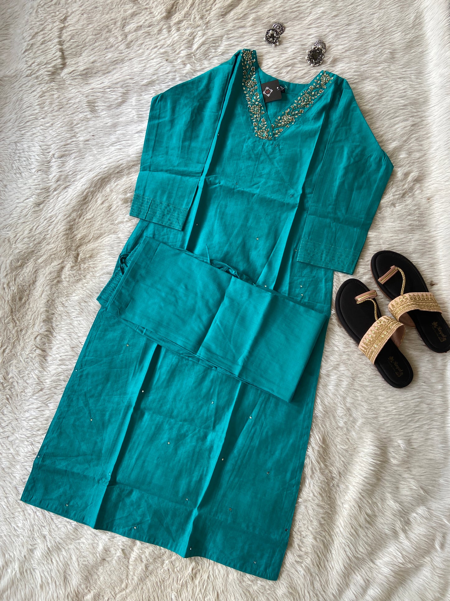 VNeck With Beautiful Handwork, StraightCut Kurti With Palazzo. Silk StraightCut Kurti Sets For Women