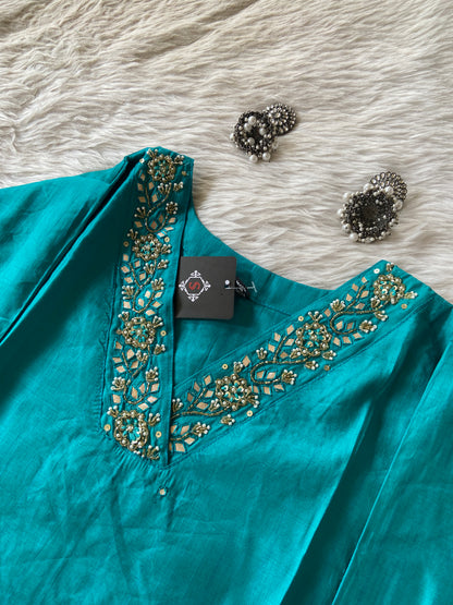 VNeck With Beautiful Handwork, StraightCut Kurti With Palazzo. Silk StraightCut Kurti Sets For Women