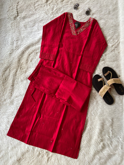 VNeck With Beautiful Handwork, StraightCut Kurti With Palazzo. Silk StraightCut Kurti Sets For Women