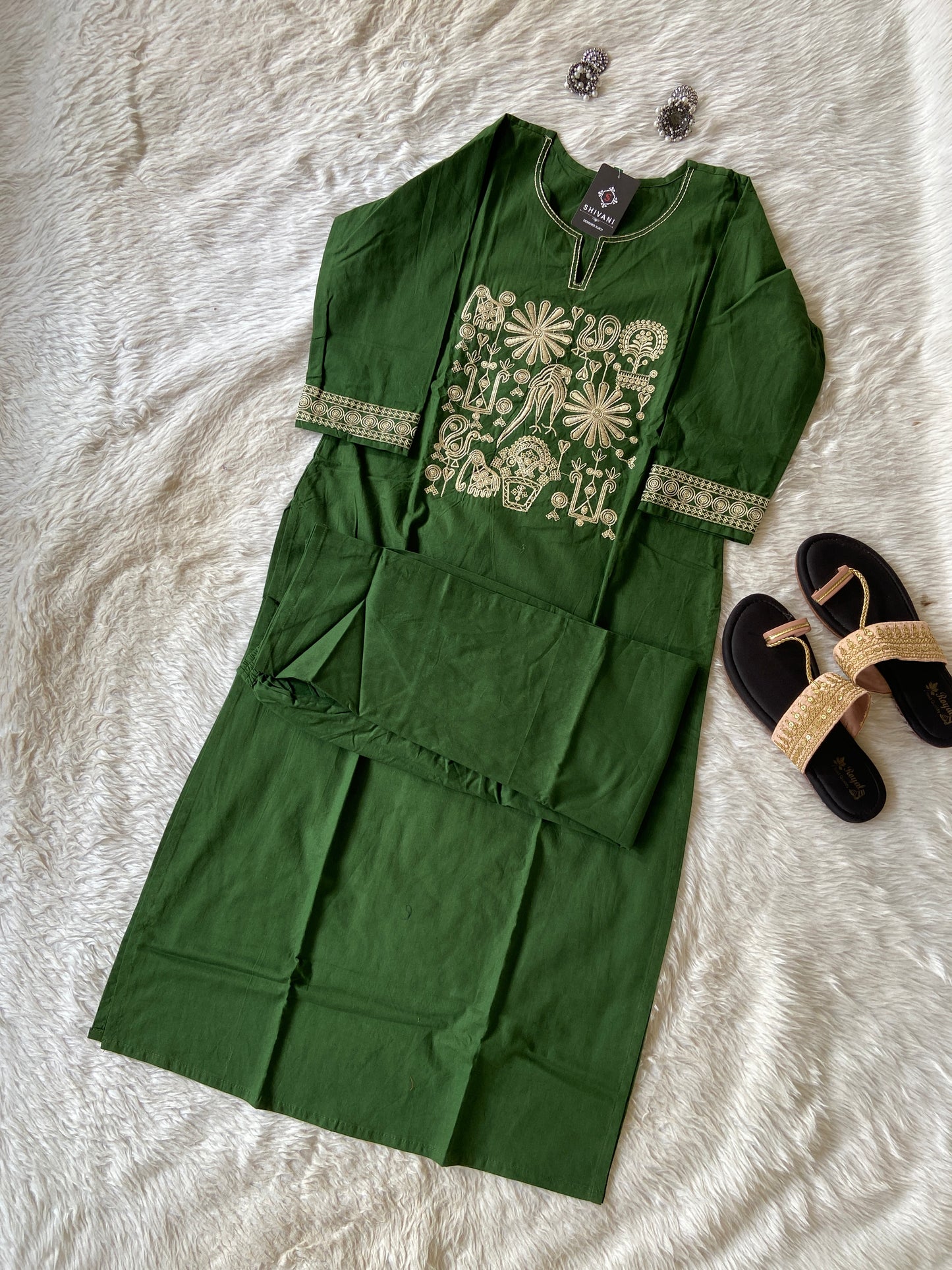 Straight Kurti With Embroidery Work And Matching Palazzo. Cotton Straight Kurti Sets For Women
