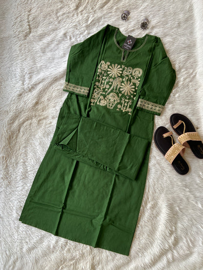 Straight Kurti With Embroidery Work And Matching Palazzo. Cotton Straight Kurti Sets For Women