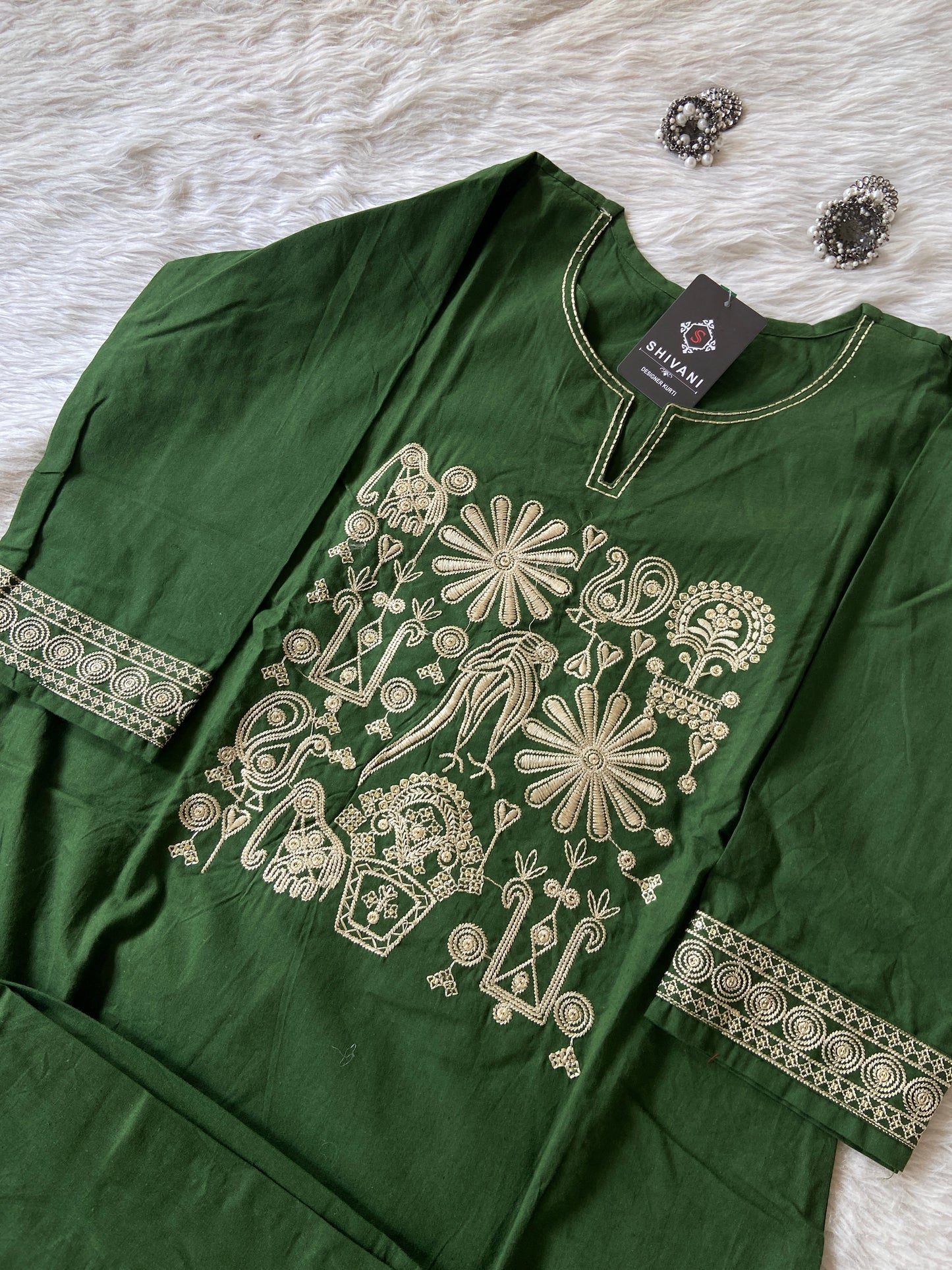 Straight Kurti With Embroidery Work And Matching Palazzo. Cotton Straight Kurti Sets For Women