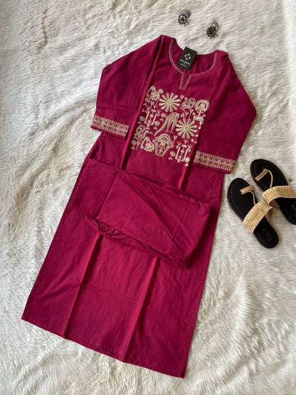 Straight Kurti With Embroidery Work And Matching Palazzo. Cotton Straight Kurti Sets For Women