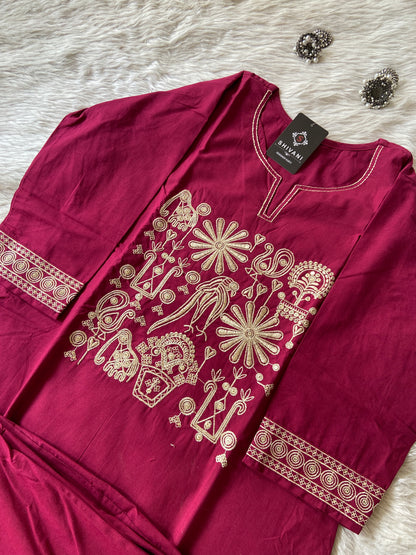 Straight Kurti With Embroidery Work And Matching Palazzo. Cotton Straight Kurti Sets For Women