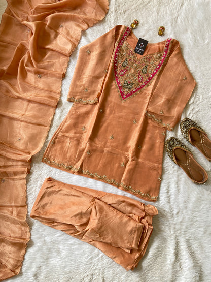 Premium Tissue Suit Set With Beautiful Handwork In Kurti With Matching Full Flair Palazzo And Dupatta, Silk Short Kurti Suit Sets For Women