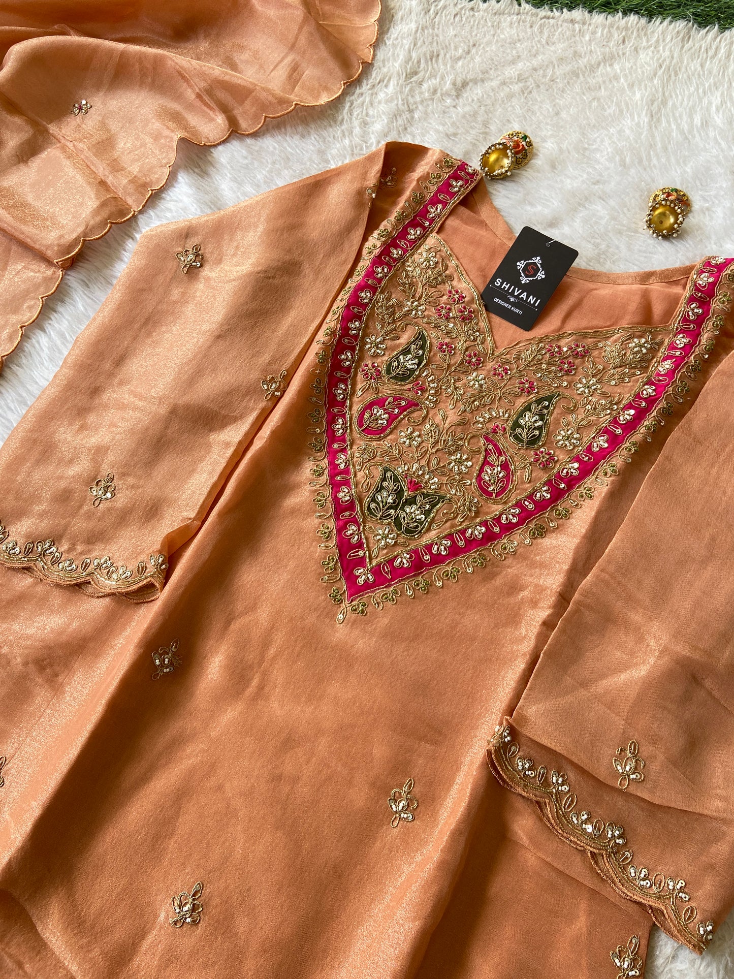Premium Tissue Suit Set With Beautiful Handwork In Kurti With Matching Full Flair Palazzo And Dupatta, Silk Short Kurti Suit Sets For Women