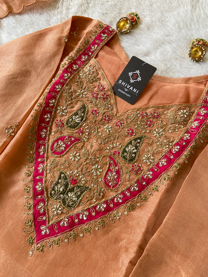 Premium Tissue Suit Set With Beautiful Handwork In Kurti With Matching Full Flair Palazzo And Dupatta, Silk Short Kurti Suit Sets For Women