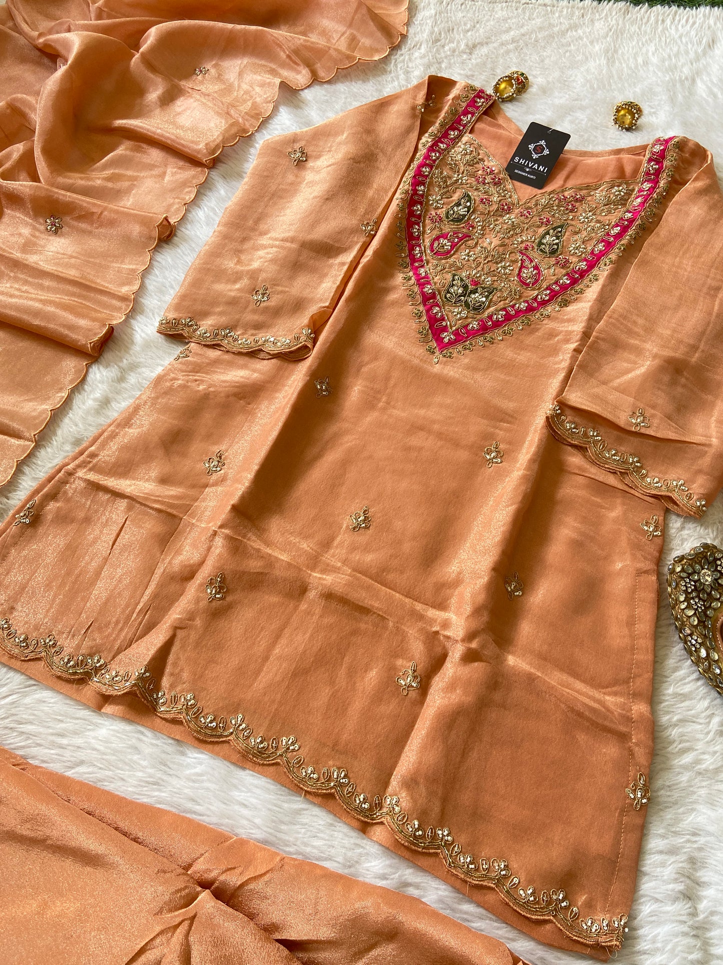 Premium Tissue Suit Set With Beautiful Handwork In Kurti With Matching Full Flair Palazzo And Dupatta, Silk Short Kurti Suit Sets For Women