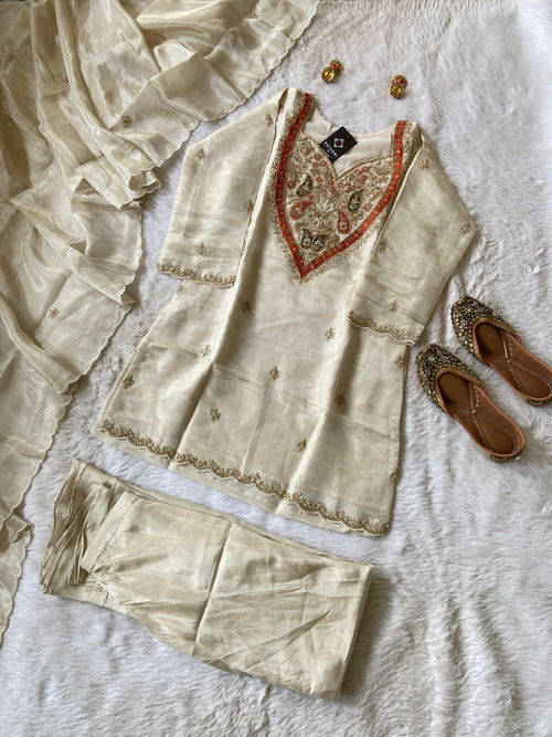 Premium Tissue Suit Set With Beautiful Handwork In Kurti With Matching Full Flair Palazzo And Dupatta, Silk Short Kurti Suit Sets For Women