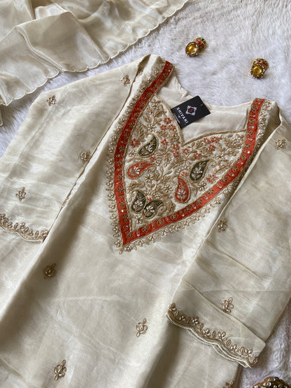 Premium Tissue Suit Set With Beautiful Handwork In Kurti With Matching Full Flair Palazzo And Dupatta, Silk Short Kurti Suit Sets For Women