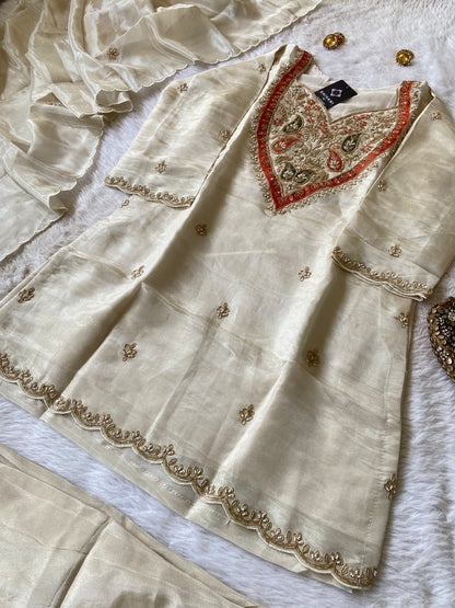 Premium Tissue Suit Set With Beautiful Handwork In Kurti With Matching Full Flair Palazzo And Dupatta, Silk Short Kurti Suit Sets For Women