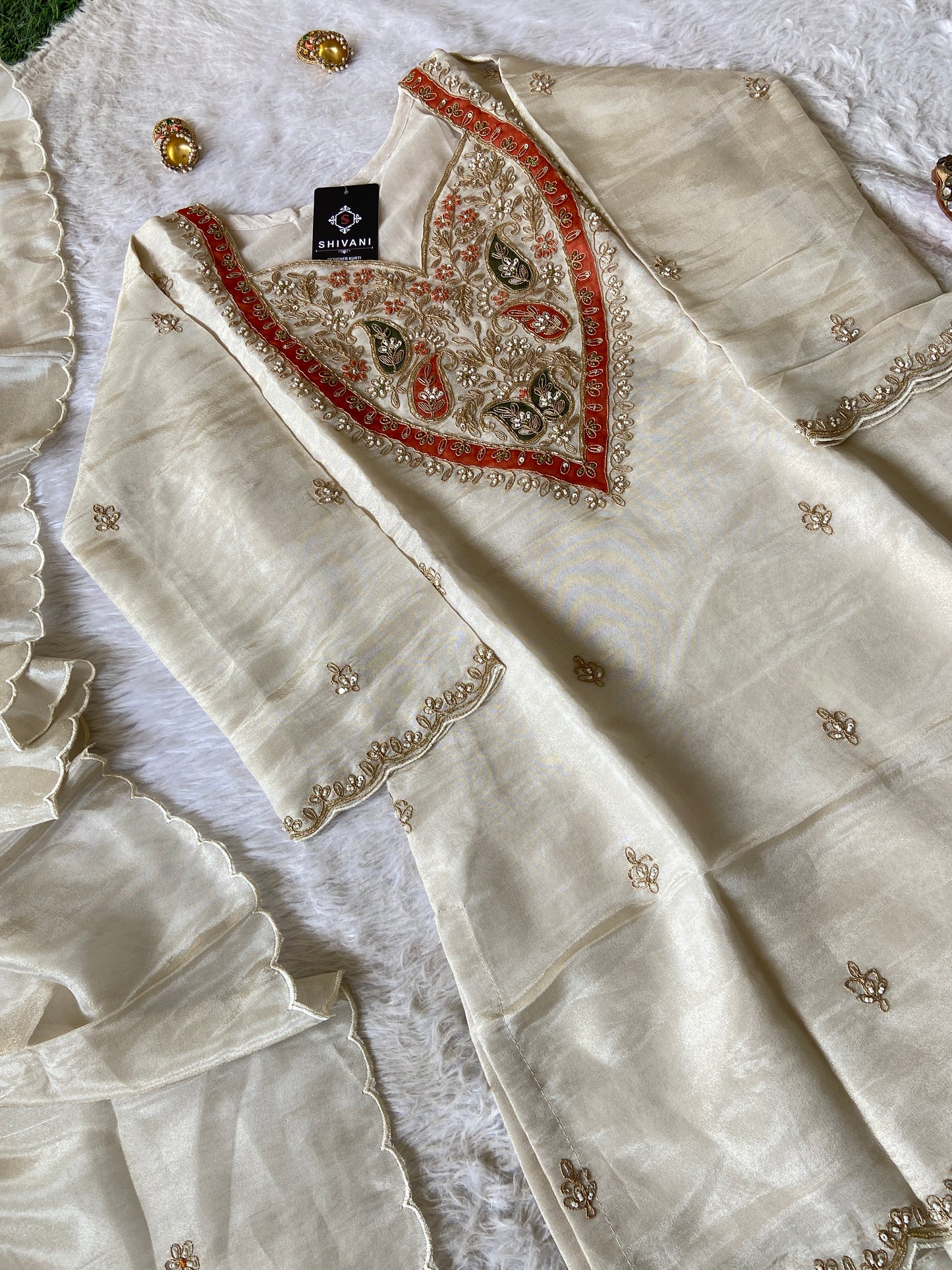 Premium Tissue Suit Set With Beautiful Handwork In Kurti With Matching Full Flair Palazzo And Dupatta, Silk Short Kurti Suit Sets For Women
