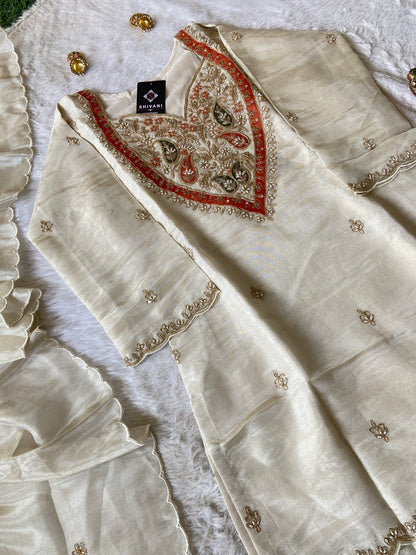 Premium Tissue Suit Set With Beautiful Handwork In Kurti With Matching Full Flair Palazzo And Dupatta, Silk Short Kurti Suit Sets For Women