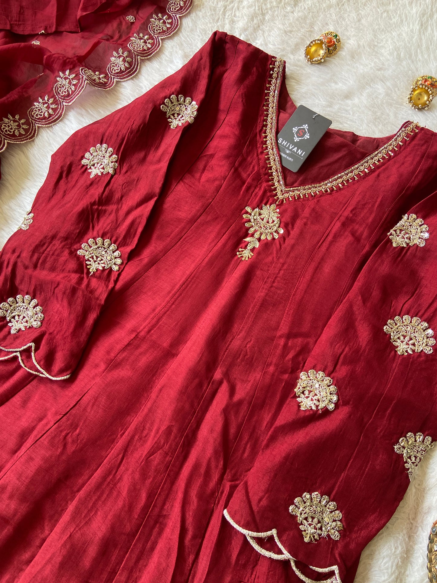 Premium Full Sleeve Anarkali Kurti With Work And With Matching Pant And Dupatta, Anarkali Suit Sets For Women