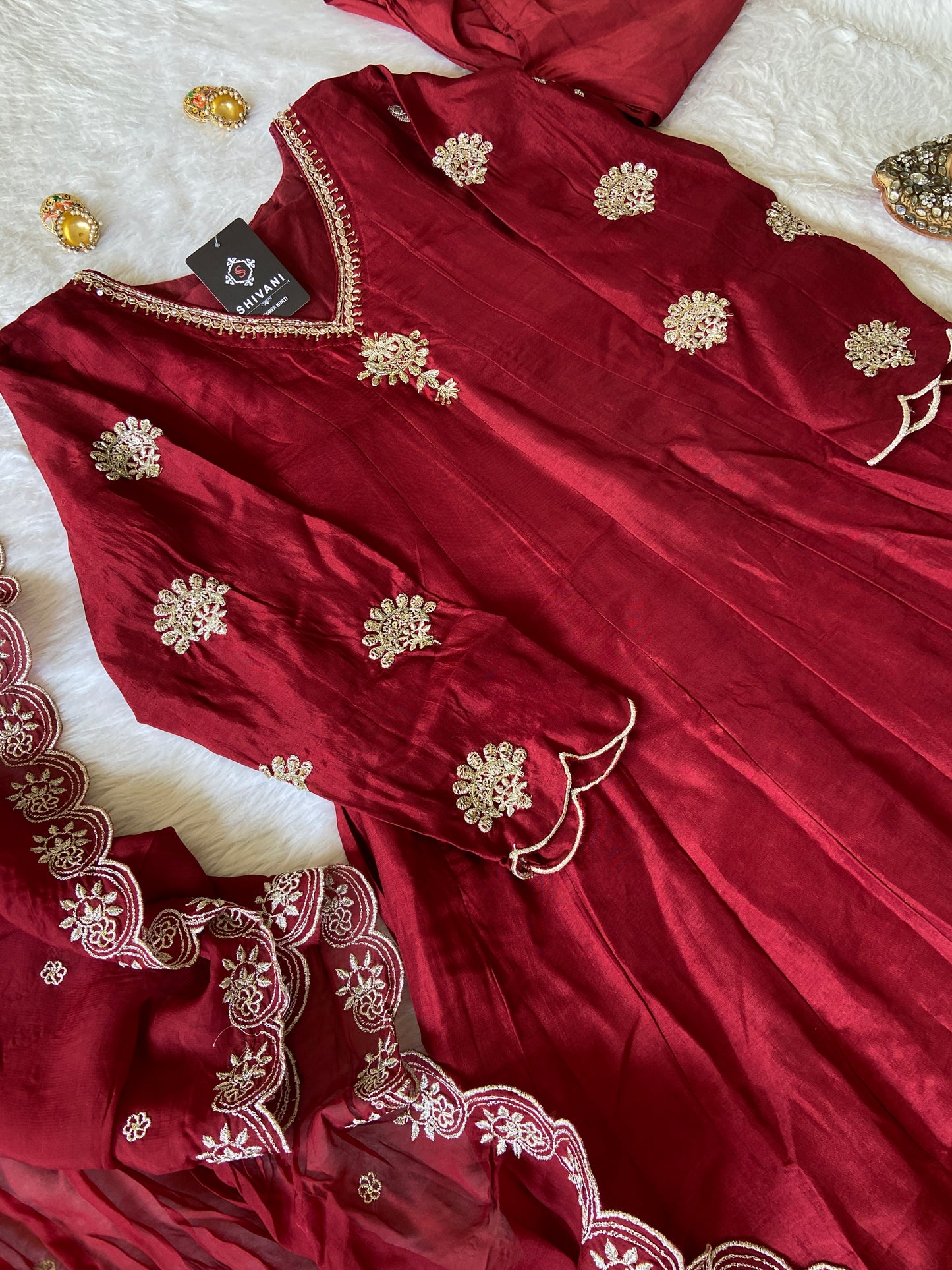 Premium Full Sleeve Anarkali Kurti With Work And With Matching Pant And Dupatta, Anarkali Suit Sets For Women