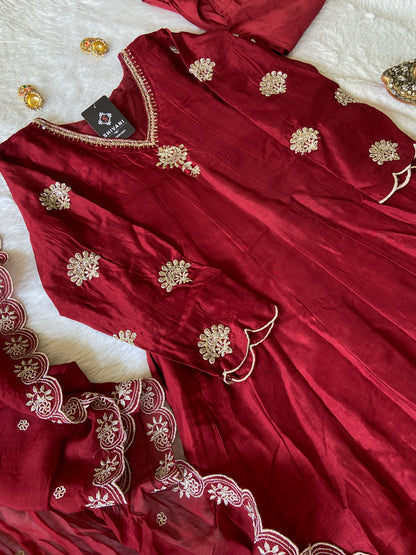 Premium Full Sleeve Anarkali Kurti With Work And With Matching Pant And Dupatta, Anarkali Suit Sets For Women