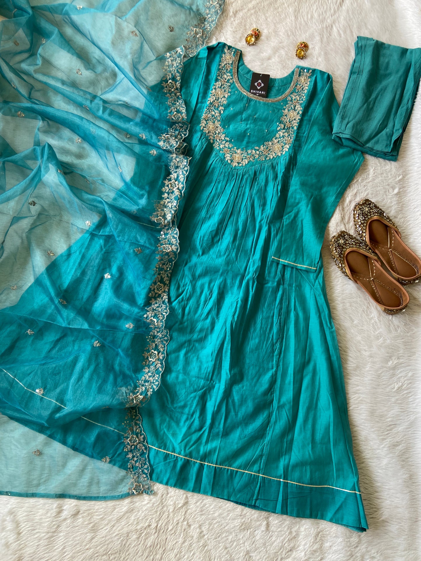 Full Sleeve Round Kurti With Beautiful Neck Work, Matching Pant And Dupatta. Silk Suit Sets For Women.