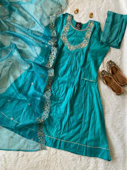 Full Sleeve Round Kurti With Beautiful Neck Work, Matching Pant And Dupatta. Silk Suit Sets For Women.