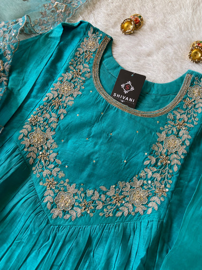 Full Sleeve Round Kurti With Beautiful Neck Work, Matching Pant And Dupatta. Silk Suit Sets For Women.