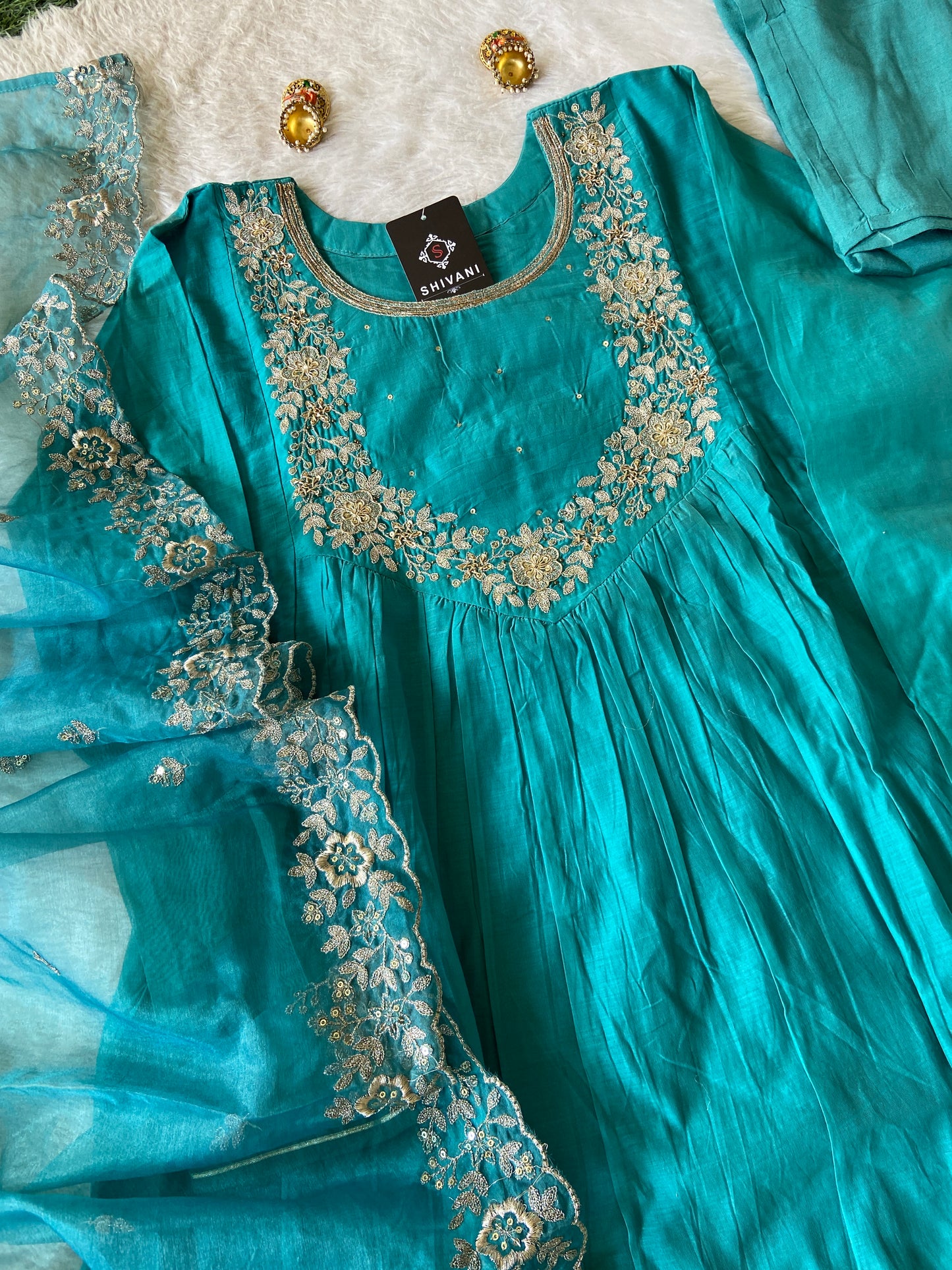 Full Sleeve Round Kurti With Beautiful Neck Work, Matching Pant And Dupatta. Silk Suit Sets For Women.