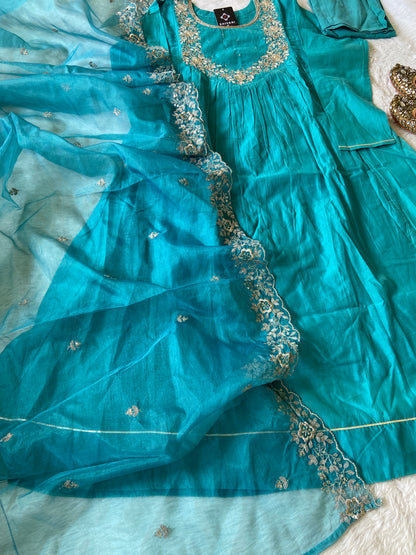 Full Sleeve Round Kurti With Beautiful Neck Work, Matching Pant And Dupatta. Silk Suit Sets For Women.