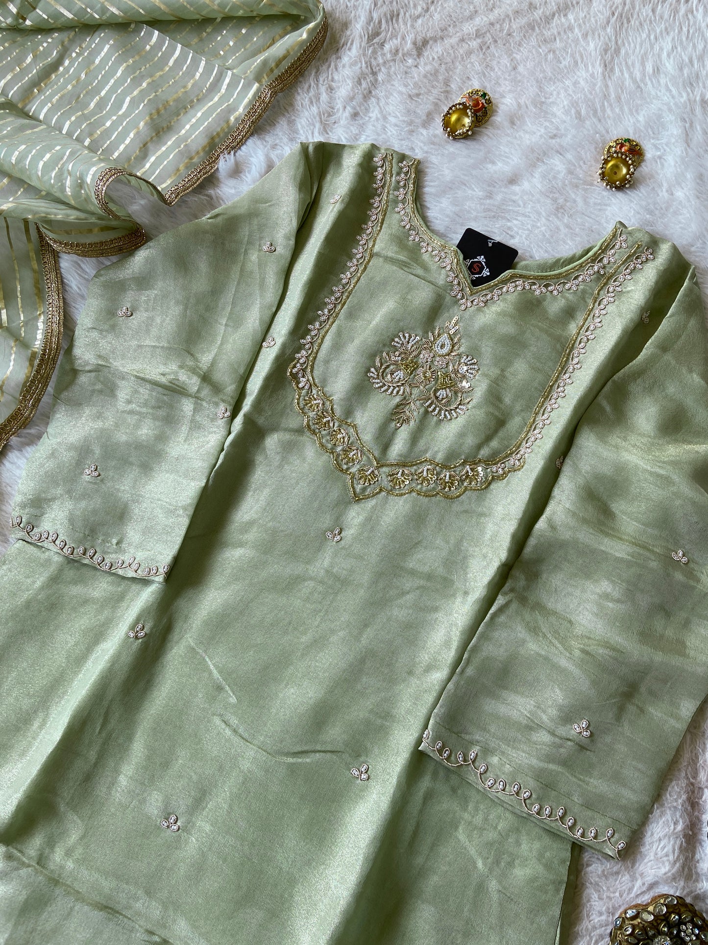 Premium Tissue Suit Set With Beautiful Handwork In Kurti With Matching Full Flair Palazzo And Dupatta, Silk Short Kurti Suit Sets For Women
