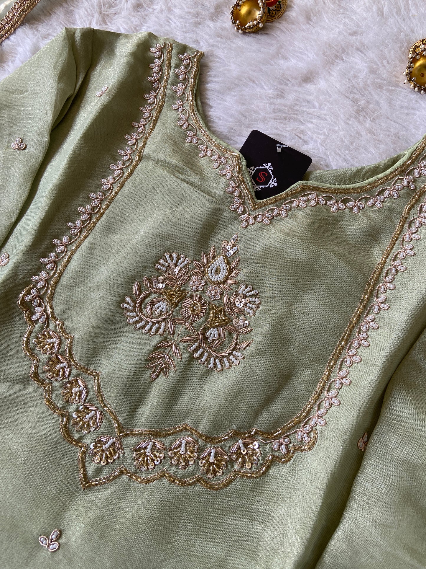 Premium Tissue Suit Set With Beautiful Handwork In Kurti With Matching Full Flair Palazzo And Dupatta, Silk Short Kurti Suit Sets For Women