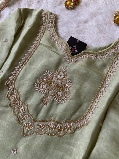 Premium Tissue Suit Set With Beautiful Handwork In Kurti With Matching Full Flair Palazzo And Dupatta, Silk Short Kurti Suit Sets For Women