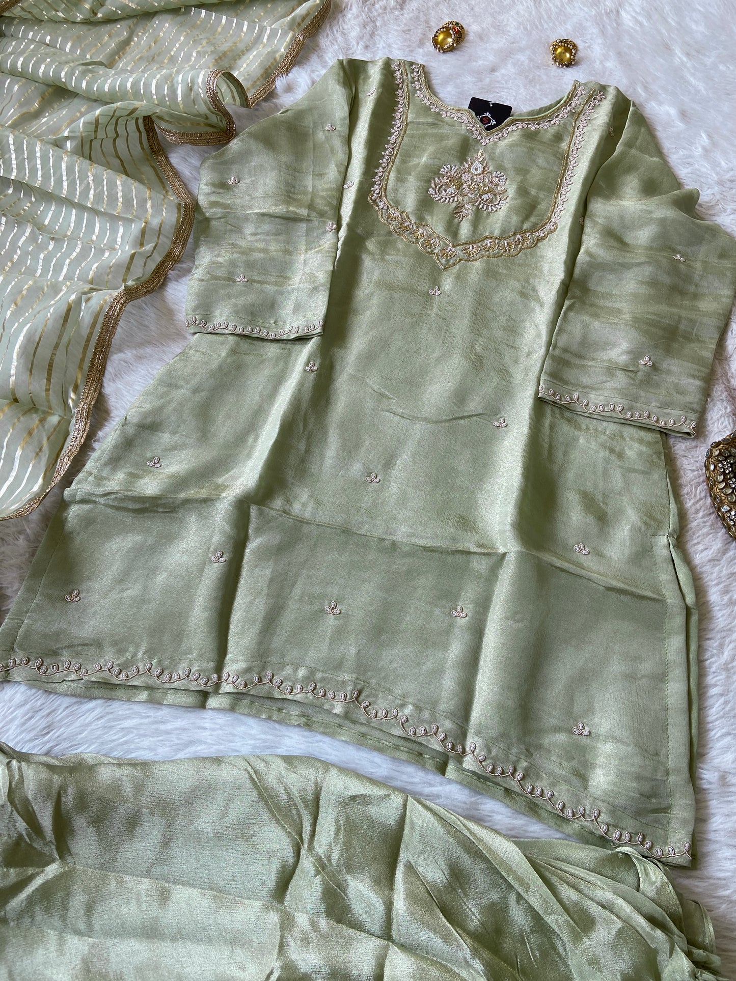 Premium Tissue Suit Set With Beautiful Handwork In Kurti With Matching Full Flair Palazzo And Dupatta, Silk Short Kurti Suit Sets For Women