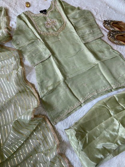 Premium Tissue Suit Set With Beautiful Handwork In Kurti With Matching Full Flair Palazzo And Dupatta, Silk Short Kurti Suit Sets For Women
