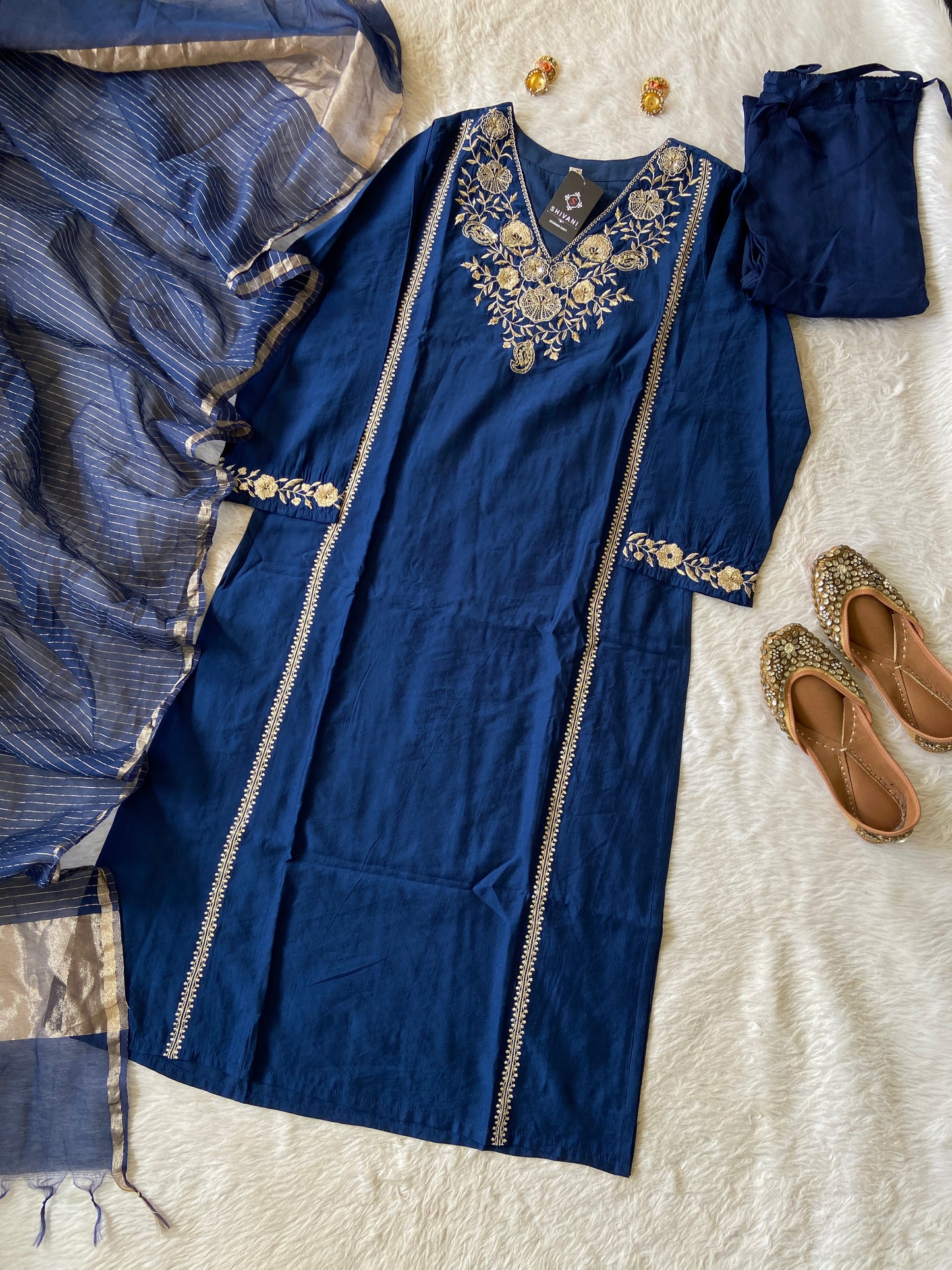 Premium Silk Suit With Beautiful Work In neck And Sleeve, With Matching Pant And Dupatta. Silk Straightcut Suit Sets For Women