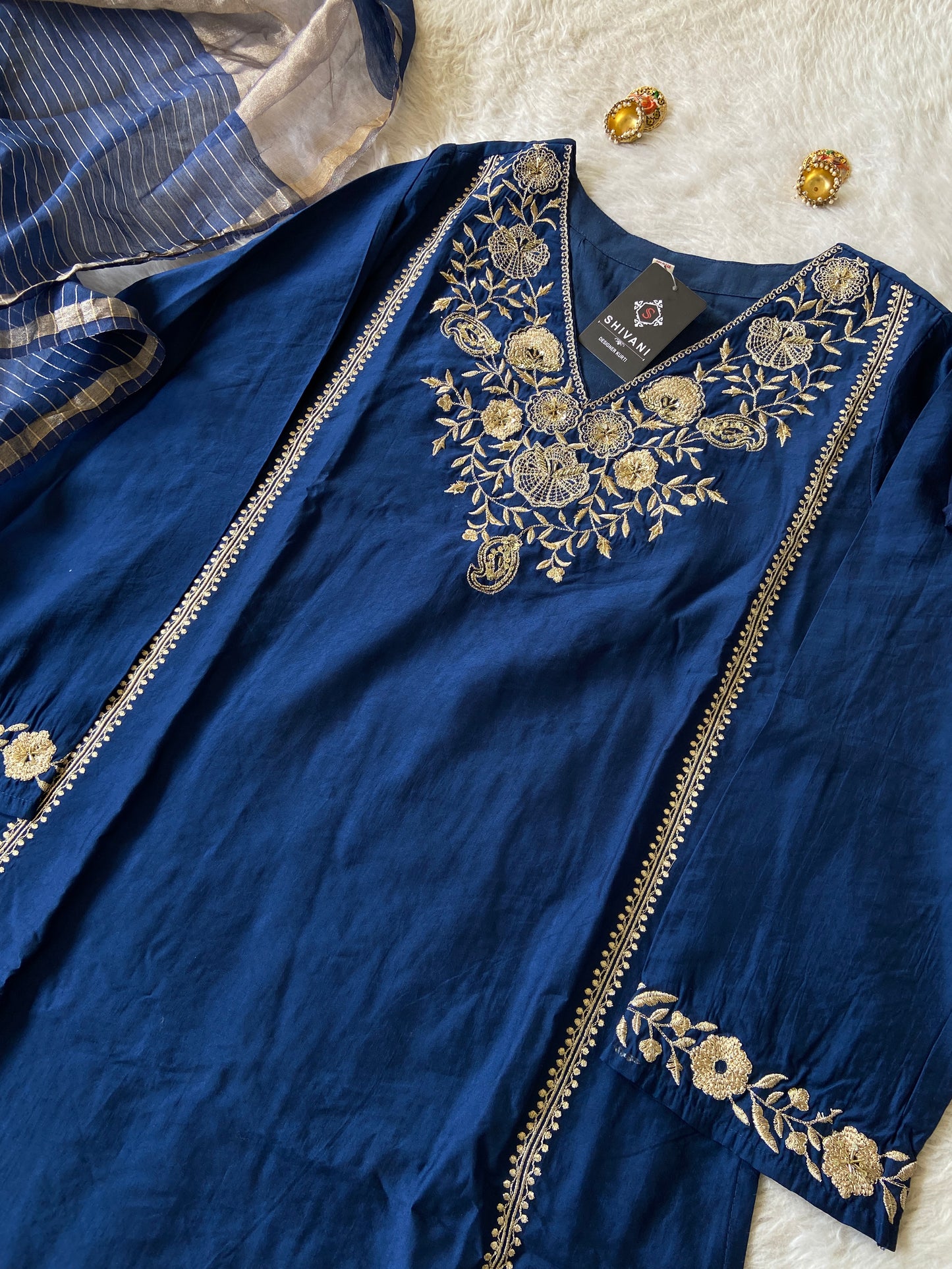 Premium Silk Suit With Beautiful Work In neck And Sleeve, With Matching Pant And Dupatta. Silk Straightcut Suit Sets For Women