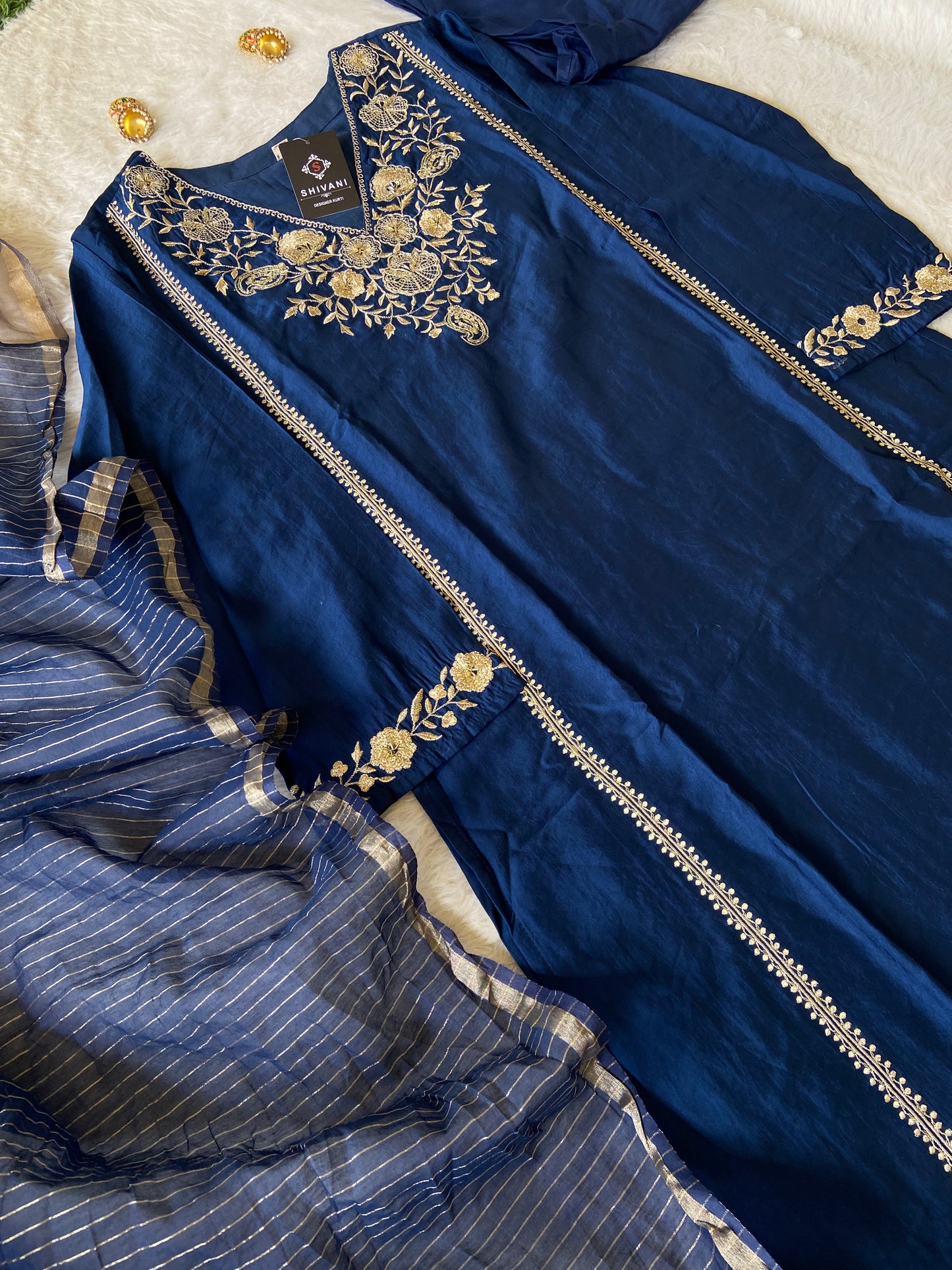 Premium Silk Suit With Beautiful Work In neck And Sleeve, With Matching Pant And Dupatta. Silk Straightcut Suit Sets For Women