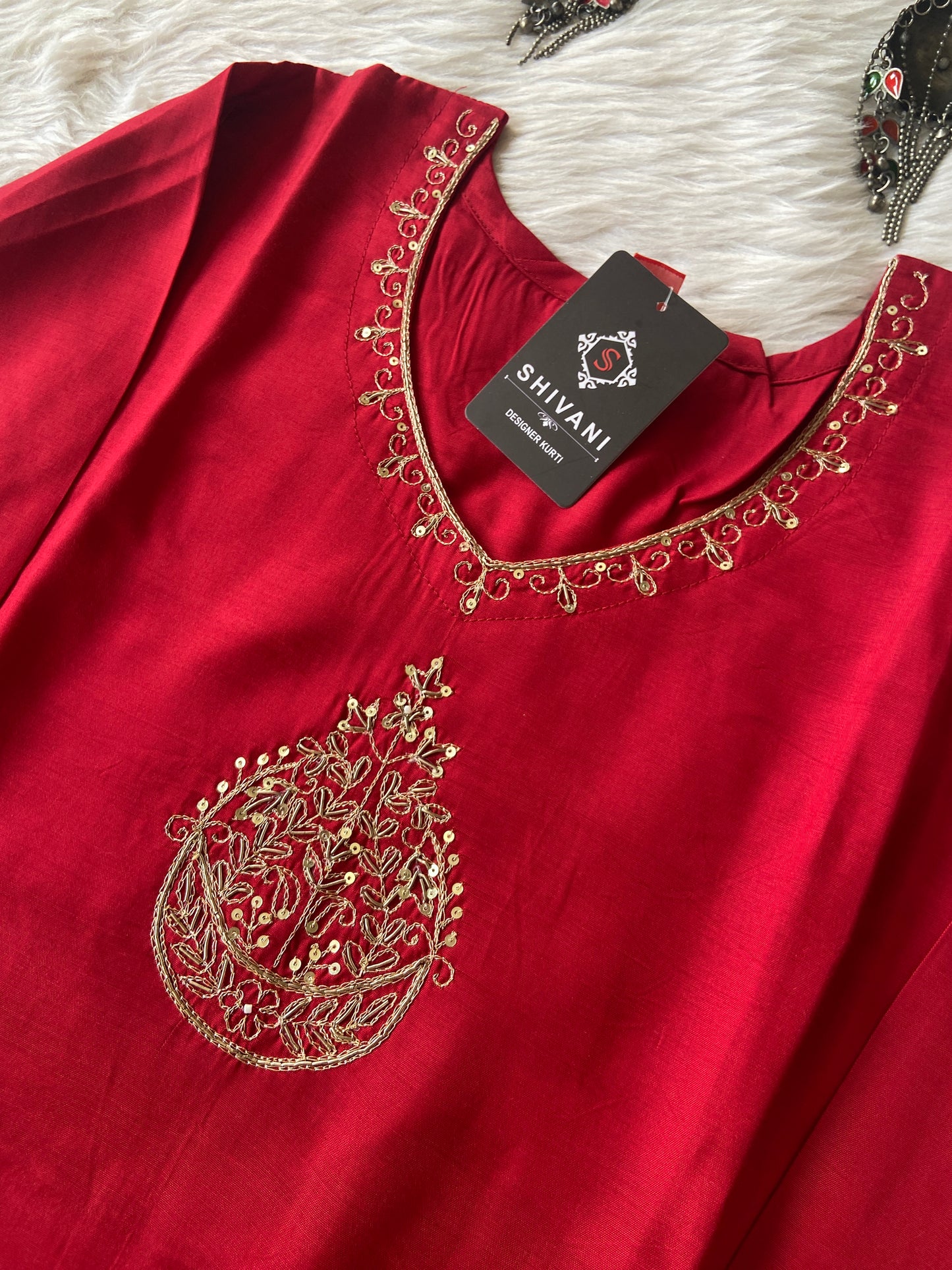 Straight Cut Silk Kurti With Beautiful Golden Embroidery Work With Full Lining, Straight Kurtis For Women