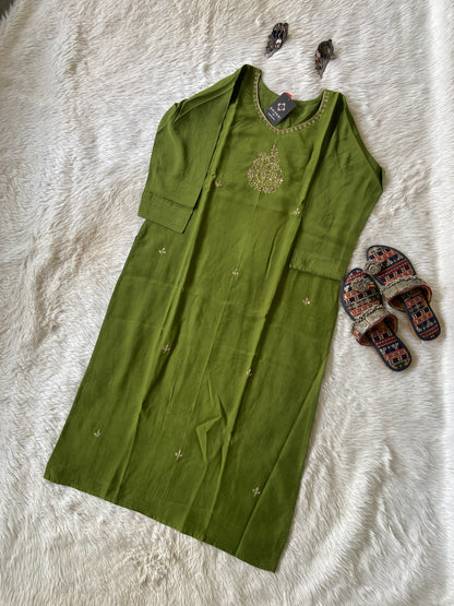 Silk Straight Kurti With Golden Embroidery Work. Straight Kurti For Women