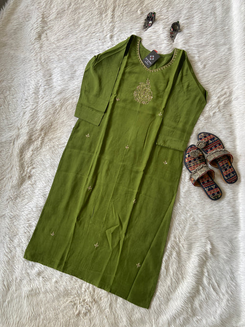 Silk Straight Kurti With Golden Embroidery Work. Straight Kurti For Women