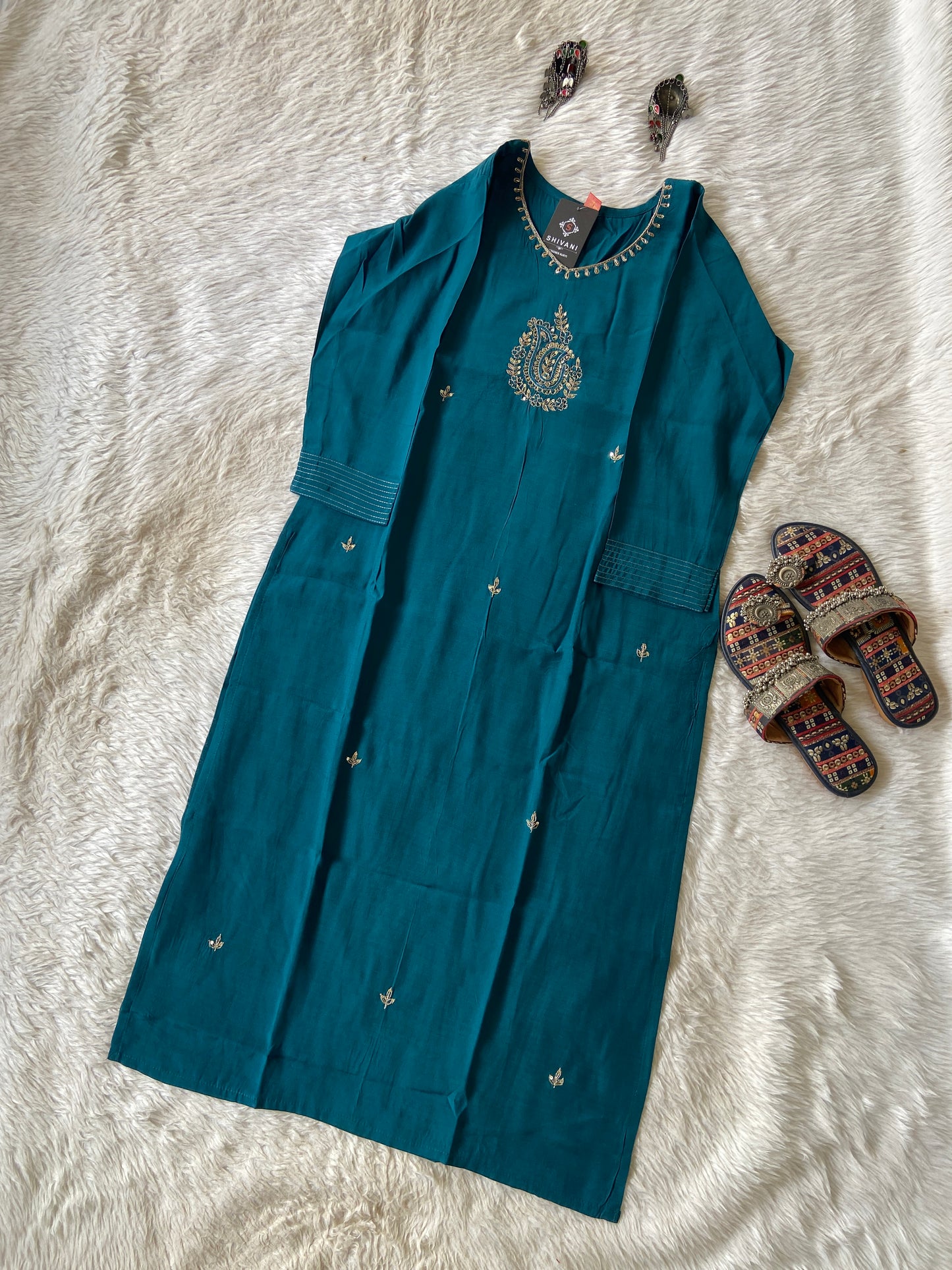 Silk Straight Kurti With Golden Embroidery Work. Straight Kurti For Women