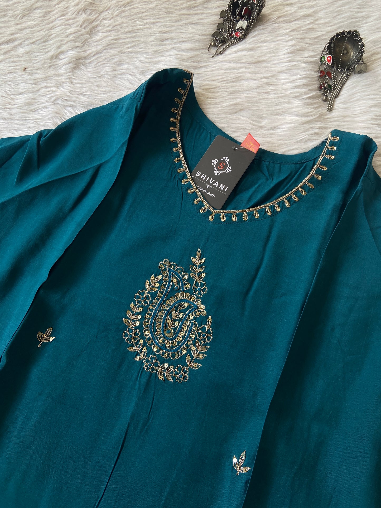 Silk Straight Kurti With Golden Embroidery Work. Straight Kurti For Women