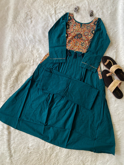 Cotton Aline Kurti With Kalamkari Patch With Matching Palazzo. Cotton Kurti Sets For Women