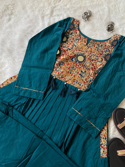 Cotton Aline Kurti With Kalamkari Patch With Matching Palazzo. Cotton Kurti Sets For Women