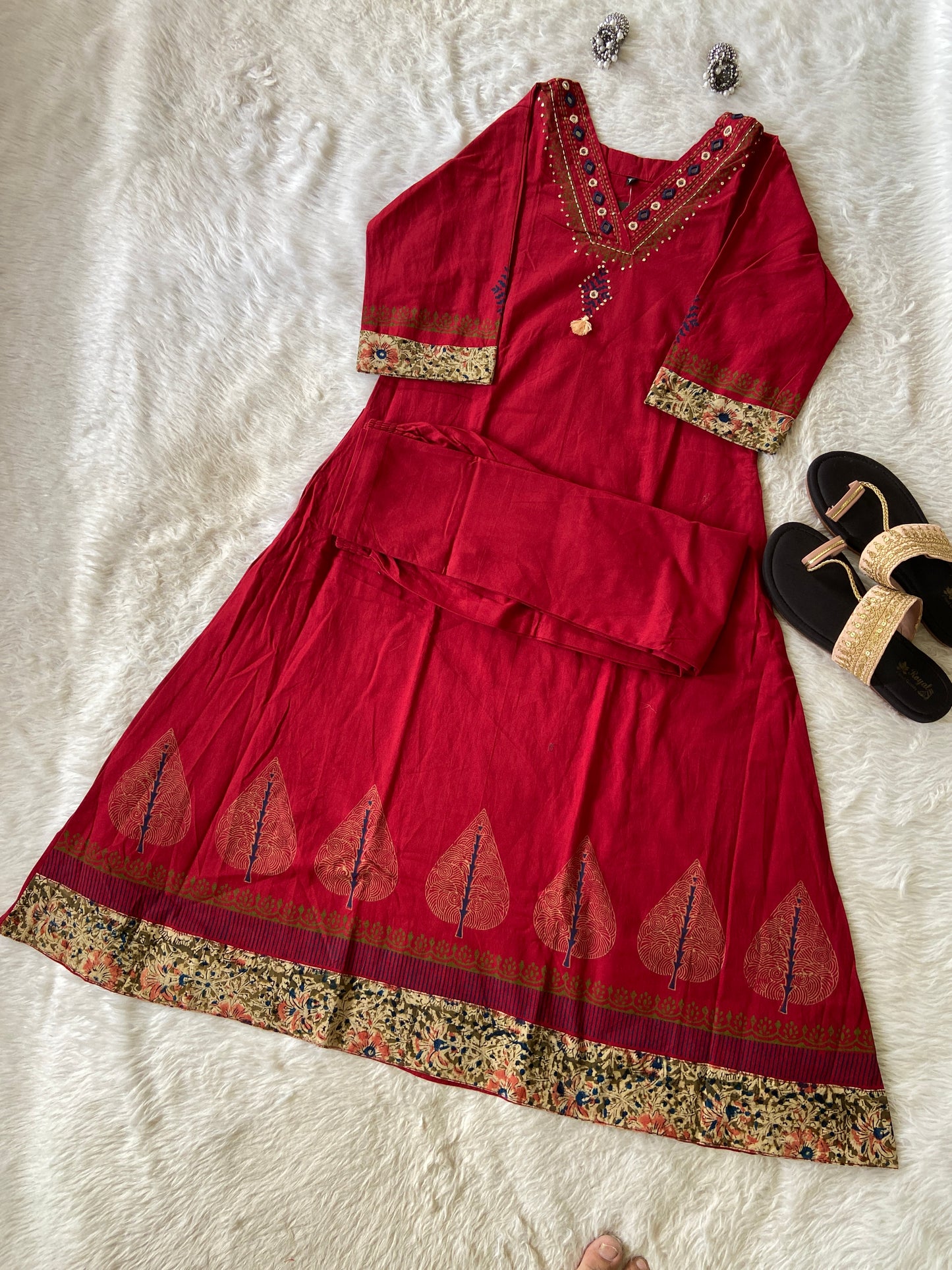 Cotton Aline Kurti With Kalamkari Patch And Block Print With Matching Pant. Cotton Kurti Sets For Women