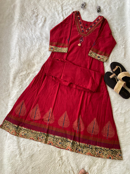 Cotton Aline Kurti With Kalamkari Patch And Block Print With Matching Pant. Cotton Kurti Sets For Women