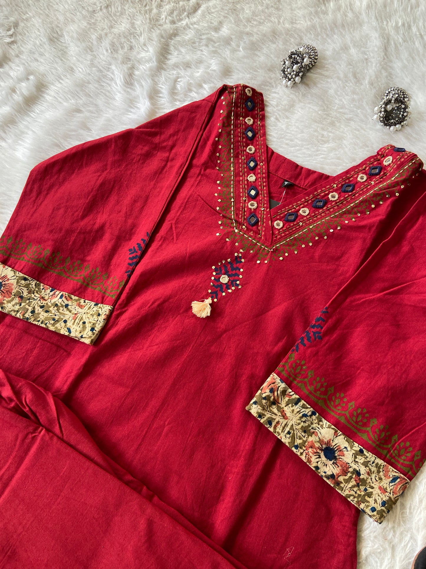 Cotton Aline Kurti With Kalamkari Patch And Block Print With Matching Pant. Cotton Kurti Sets For Women