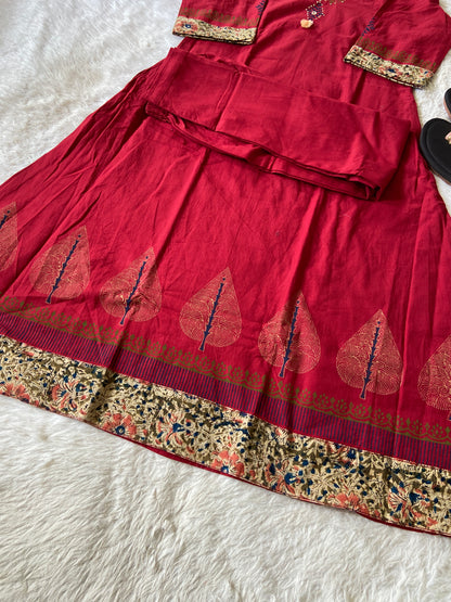 Cotton Aline Kurti With Kalamkari Patch And Block Print With Matching Pant. Cotton Kurti Sets For Women